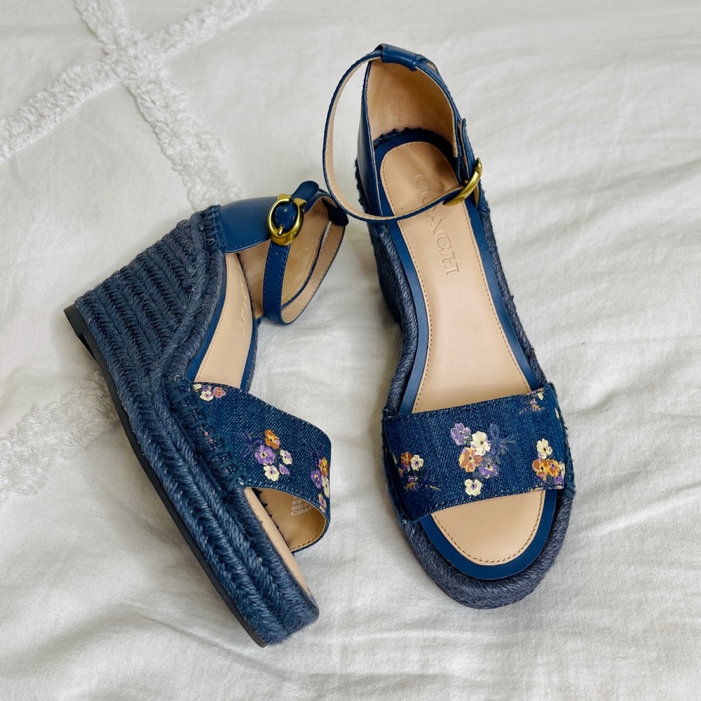 NWOT Coach Denim Floral Wedge Espadrilles